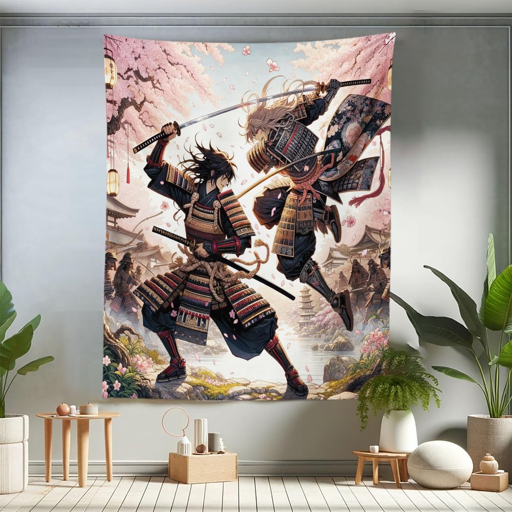 Ambesonne Anime Tapestry Twin Size, Japanese Characters Challenging Each Other in a Traditional Way Sakura Trees, Wall Hanging Bedspread Bed Cover Wall Decor, 68" X 88", Rose Dark Grey Ecru