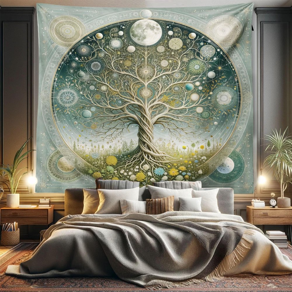 Ambesonne Hippie Tapestry King Size, Mystic Feel Tree of Life Art with Greenery Vines Galaxy Ornated Moons Boho, Wall Hanging Bedspread Bed Cover Wall Decor, 104" X 88", Teal Pale Sage Green