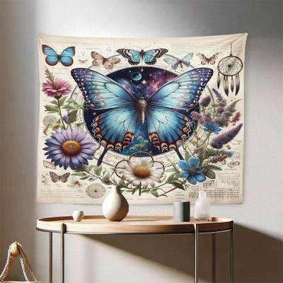 Ambesonne Boho Tapestry, Medieval Witchcore Script Design Nature Vibe Butterfly and Leafy Flowers, Fabric Wall Hanging Decor for Bedroom Living Room Dorm, 28" X 23", Pale Blue Eggshell Green