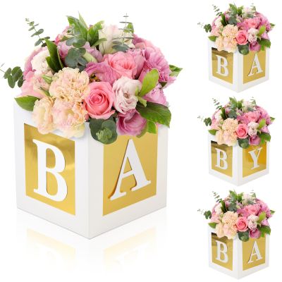 4 Pcs Baby Shower Flower Boxes Table Centerpieces Decoration Gold Baby Block Floral Holder Centerpiece Baby In Bloom Gender Reveal Birthday Party Decors Table Display Its A Girl Its A Boy