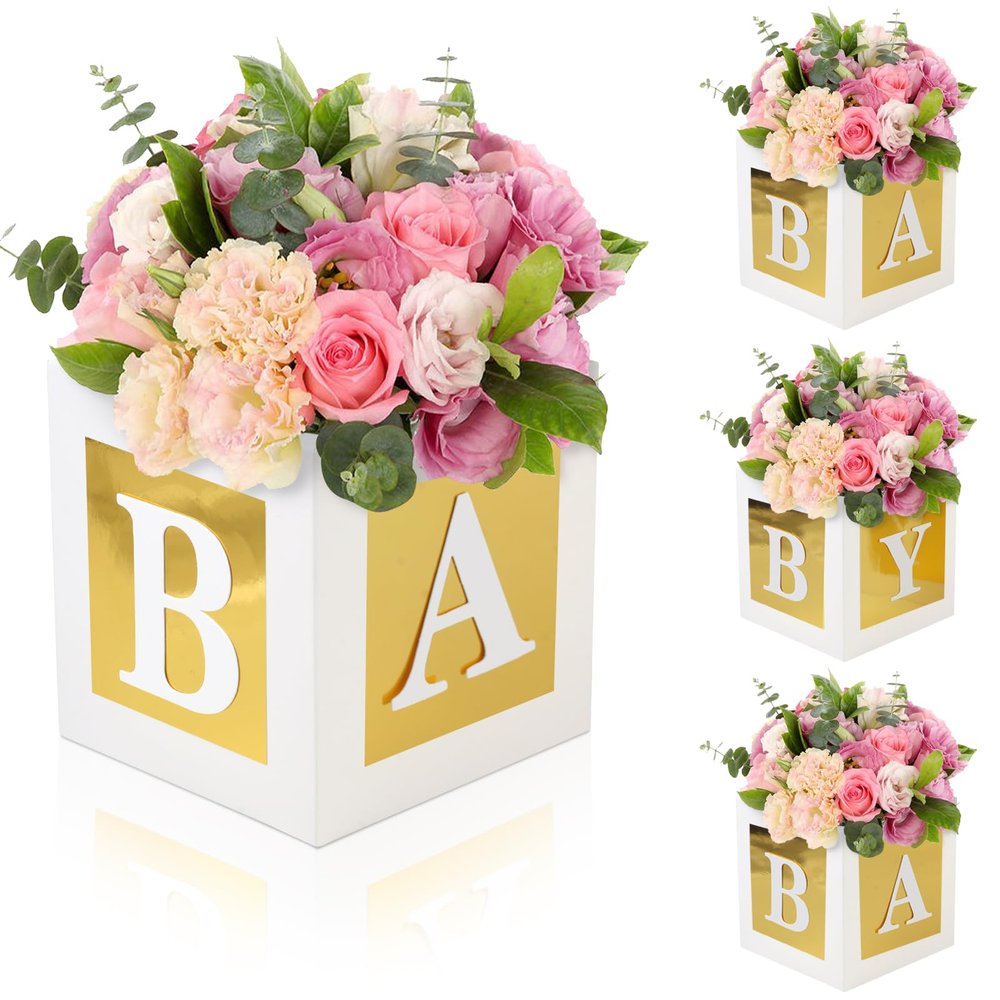 4 Pcs Baby Shower Flower Boxes Table Centerpieces Decoration Gold Baby Block Floral Holder Centerpiece Baby In Bloom Gender Reveal Birthday Party Decors Table Display Its A Girl Its A Boy