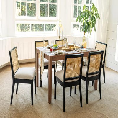BESTANO Farmhouse Rattan Dining Chairs Set of 6 Black Wood Dining Room Chairs Rectangle Cane Country Kitchen Chairs Upholstered Wood Dining Chair for Dining Room, Cream Linen