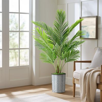 Artificial Tree in White and Navy Herringbone Pattern Planter, Fake Areca Tropical Palm Silk Tree for Indoor and Outdoor Home Decoration - 57" Overall Tall (Plant Pot Plus Tree)