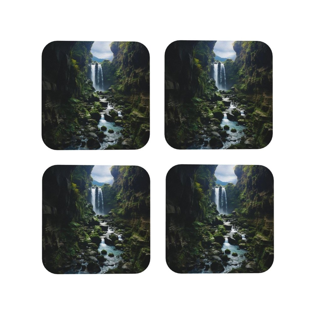 4Pcs Drink Coasters for Drinks Tabletop Protection, Waterfall Cliff Leather Coaster for Kinds of Cups, Absorbent Cup Coaster for Coffee Table Home Decor 4" Cup Mat Pad