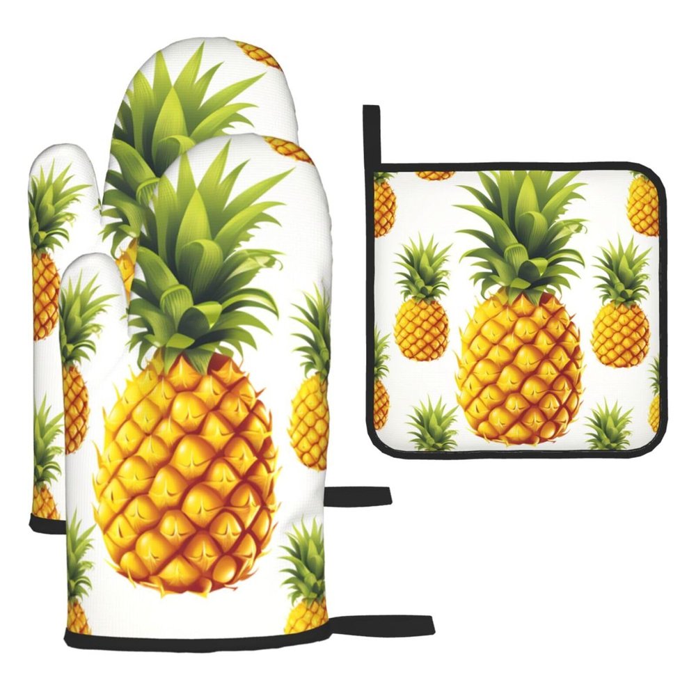 CSGJMYGS 3 pcs Oven Mitts and Pot Holders Set High Heat Resistant Oven Glove and Hot Pads Washable Kitchen Oven Mittens Yellow Pineapple Non-Slip Potholder for Cooking Baking Grilling