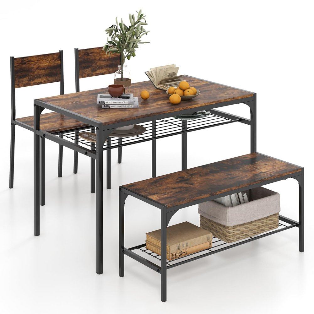 Giantex Dining Table Set for 4, Kitchen Table with Chairs & Bench, Storage Racks, Metal Frame, 4-Piece Space-Saving Dinette Set for Dining Room, Breakfast Nook, Small Space, Apartment,Rustic Brown
