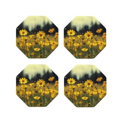4Pcs Drink Coasters for Drinks Tabletop Protection, Summer Yellow Flowers Leather Coaster for Kinds of Cups, Absorbent Cup Coaster for Coffee Table Home Decor 4" Cup Mat Pad