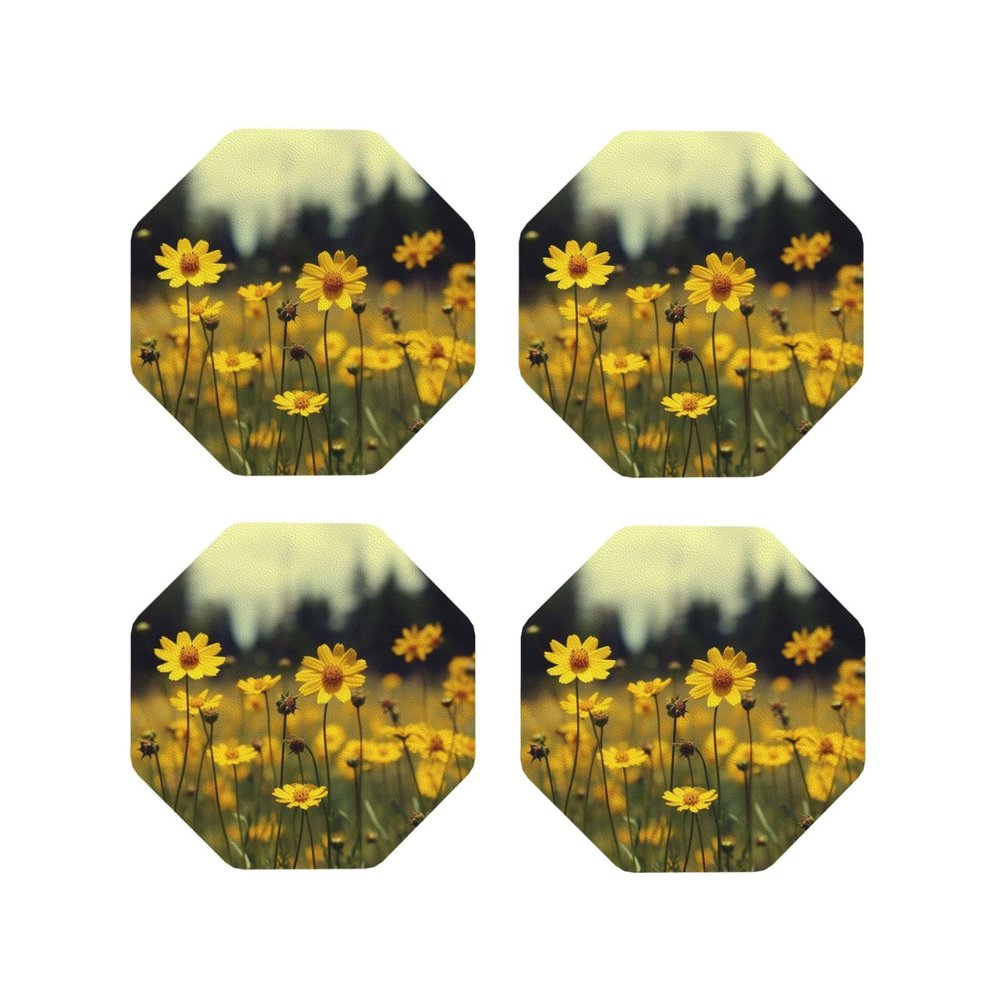 4Pcs Drink Coasters for Drinks Tabletop Protection, Summer Yellow Flowers Leather Coaster for Kinds of Cups, Absorbent Cup Coaster for Coffee Table Home Decor 4" Cup Mat Pad
