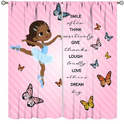 African American Kids Curtains,Cute Ballerina Girl Butterfly Printed Window Treatments for Girls Bedroom Living Room Nursery Lovely Pink Drapes 2 Panel Set,Total Size 84" x 84"