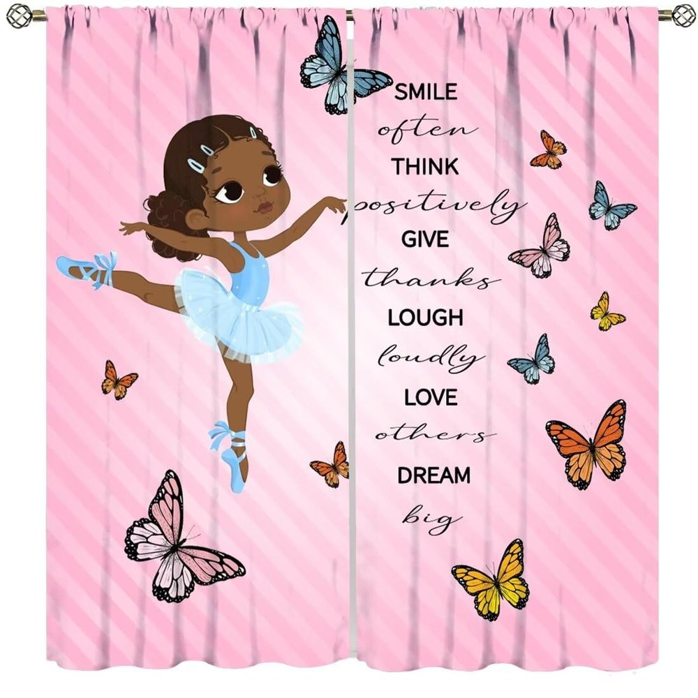 African American Kids Curtains,Cute Ballerina Girl Butterfly Printed Window Treatments for Girls Bedroom Living Room Nursery Lovely Pink Drapes 2 Panel Set,Total Size 84" x 84"