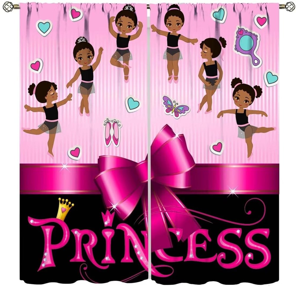 African American Kids Curtains,Cute Ballerina Girl Pink Window Treatments for Girls Bedroom Living Room Nursery Lovely Princess Drapes 2 Panel Set,Total Size 84" x 84"
