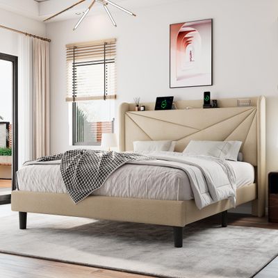 Einhomn Full Size Upholstered Bed Frame with Charging Station, Platform Bed Frame with Storage Headboard, Solid Wood Slats Support, No Box Spring Needed, Beige