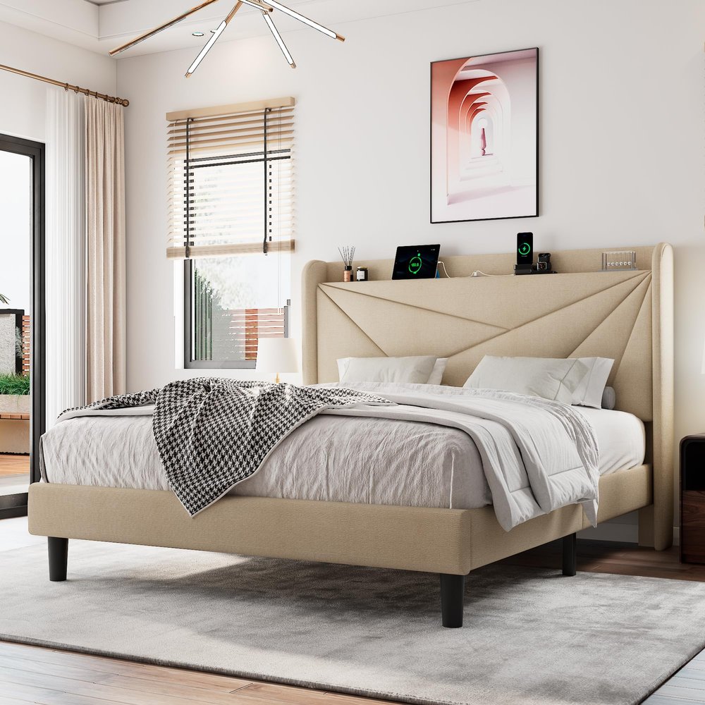 Einhomn Full Size Upholstered Bed Frame with Charging Station, Platform Bed Frame with Storage Headboard, Solid Wood Slats Support, No Box Spring Needed, Beige