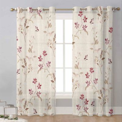Rustic Botanical Sheer Curtains 63 Inch Length 2 Panels Set, Grommet Kitchen Curtains Sheer Window Curtain for Living Room Bedroom Light & Airy Privacy Drapes Seasonal Spring Red Brown Floral Bird