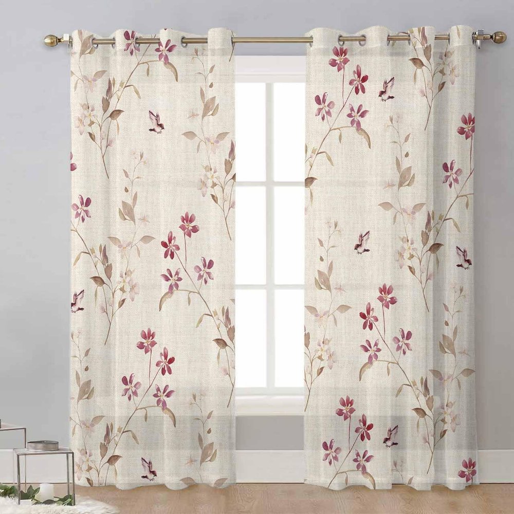 Rustic Botanical Sheer Curtains 63 Inch Length 2 Panels Set, Grommet Kitchen Curtains Sheer Window Curtain for Living Room Bedroom Light & Airy Privacy Drapes Seasonal Spring Red Brown Floral Bird