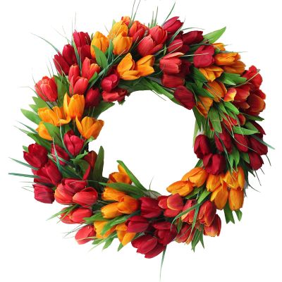 Artificial Tulip Flower Wreaths, 20 Inches Silk Tulip Floral Wreath for Front Door Spring Flower Wreath with Green Leaves, Fake Flower Wreaths for Spring, Summer, Winter, Home, Wedding(#2)