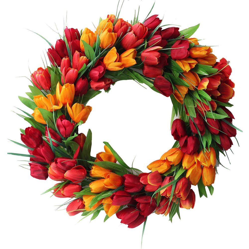Artificial Tulip Flower Wreaths, 20 Inches Silk Tulip Floral Wreath for Front Door Spring Flower Wreath with Green Leaves, Fake Flower Wreaths for Spring, Summer, Winter, Home, Wedding(#2)