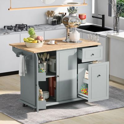 Gustonhon Kitchen Island with Drop-Leaf Breakfast Bar,Rolling Kitchen Cart with Internal Storage Rack and 3 Tier Pull Out Cabinet Organizer,Kitchen Storage Cart for Kitchen Dinning Room (GreyBlue-01)