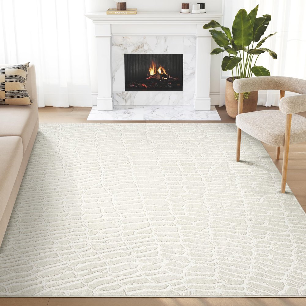 Abani Cream Area Rug for Living Room, Bedroom - Pebble Pattern - 8 x 10 - Durable & Easy to Clean