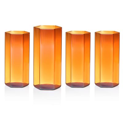 Godinger Highball Glass, Tall Glass, Drinking Glass, Drinking Cup for Juice, Water & Cocktails, Amber Glasses, Set of 4, Hexagon Shape, 11oz