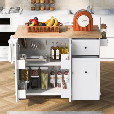 Gustonhon Kitchen Island with Drop-Leaf Breakfast Bar,Rolling Kitchen Cart with Internal Storage Rack and 3 Tier Pull Out Cabinet Organizer,Kitchen Storage Cart for Kitchen Dinning Room (White-01)
