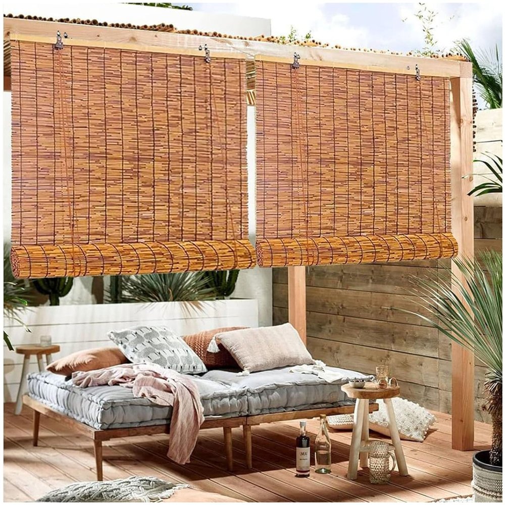 Outdoor Shades For Patio Roll Up Waterproof Window Sun Shade Blinds 70% Blackout Bamboo Roller Blinds Cordless Reed Privacy Curtain With Lifter, W20''/28''/34''/36''/40''/48''/60''/72''xH48'' ( Size :