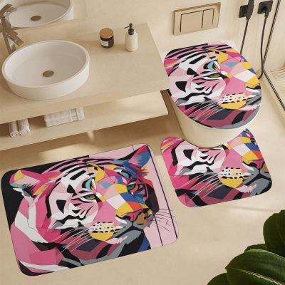 ZGDPBYF Bathroom Rugs, Animal Tiger Bath Mat - Non-Slip Bath Rugs, Abstract Colorful Geometric Tiger Patchwork Machine Wash, Dries Quickly - Ultra Soft Bath Mats For Bathroom, 3 Piece Bathroom Rug Set