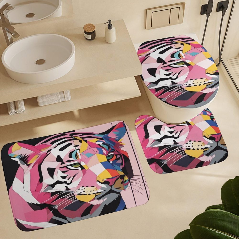 ZGDPBYF Bathroom Rugs, Animal Tiger Bath Mat - Non-Slip Bath Rugs, Abstract Colorful Geometric Tiger Patchwork Machine Wash, Dries Quickly - Ultra Soft Bath Mats For Bathroom, 3 Piece Bathroom Rug Set