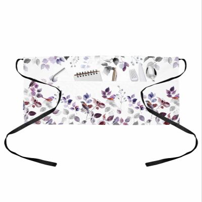 Anzona Purple Grey Botanical Server Aprons with 3 Pockets, Pastoral Farmhouse Leaf Birds Waist Aprons for Women Men, Waitress Waiter Half Apron for Kitchen Chef Cooking