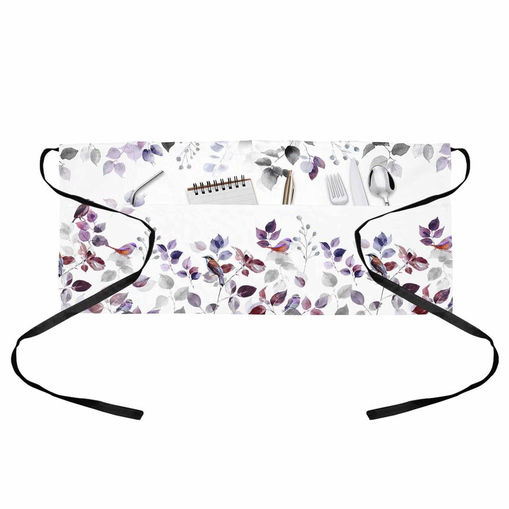 Anzona Purple Grey Botanical Server Aprons with 3 Pockets, Pastoral Farmhouse Leaf Birds Waist Aprons for Women Men, Waitress Waiter Half Apron for Kitchen Chef Cooking