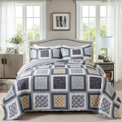 HoneiLife Queen Quilt Bedding Set - 3 Pieces Microfiber Quilt Sets Lightweight Bedspreads Reversible Coverlets Rustic Bed Cover Floral Bedding Set All Season Quilts-Grey
