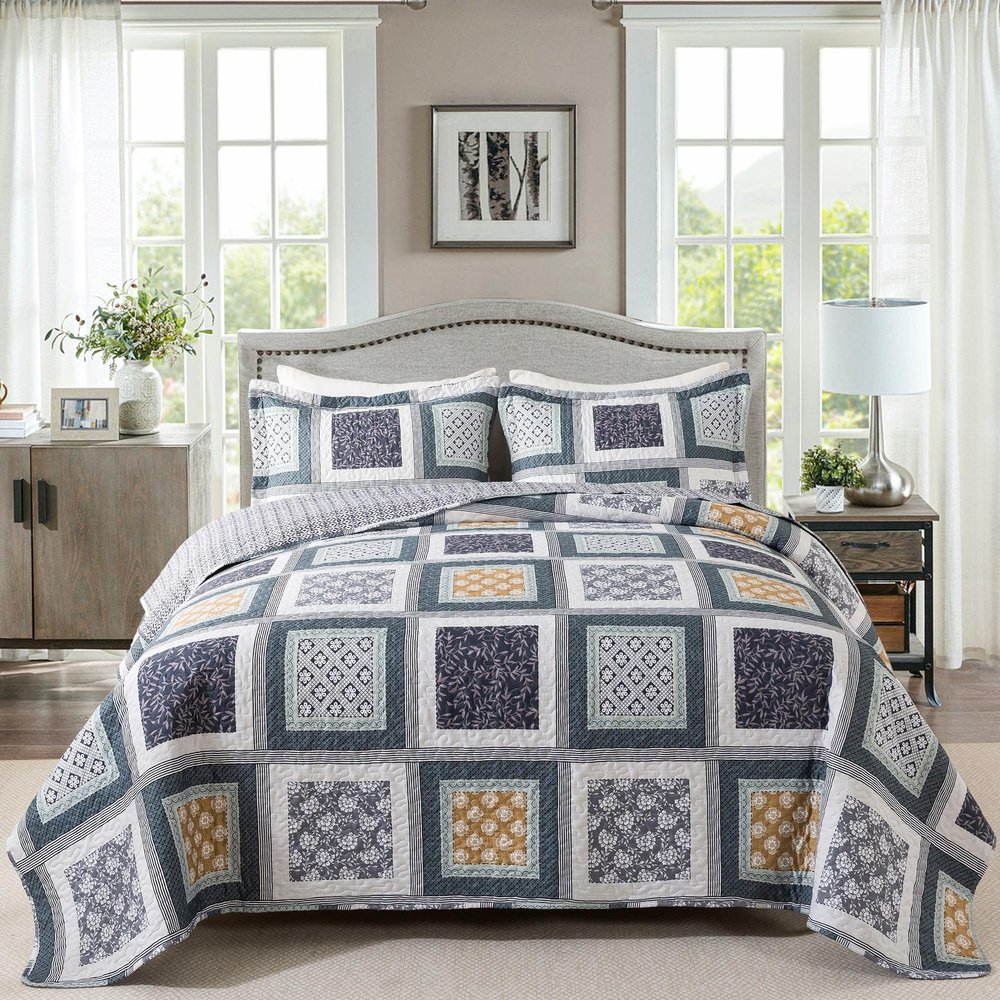 HoneiLife Queen Quilt Bedding Set - 3 Pieces Microfiber Quilt Sets Lightweight Bedspreads Reversible Coverlets Rustic Bed Cover Floral Bedding Set All Season Quilts-Grey