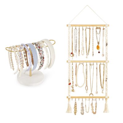 Dahey Hanging Headband Holder Necklace Holder with 30 Hooks, Macrame Wall Headband Organizer Jewelry Hanger with Tassels for Women Girls, Set of 2