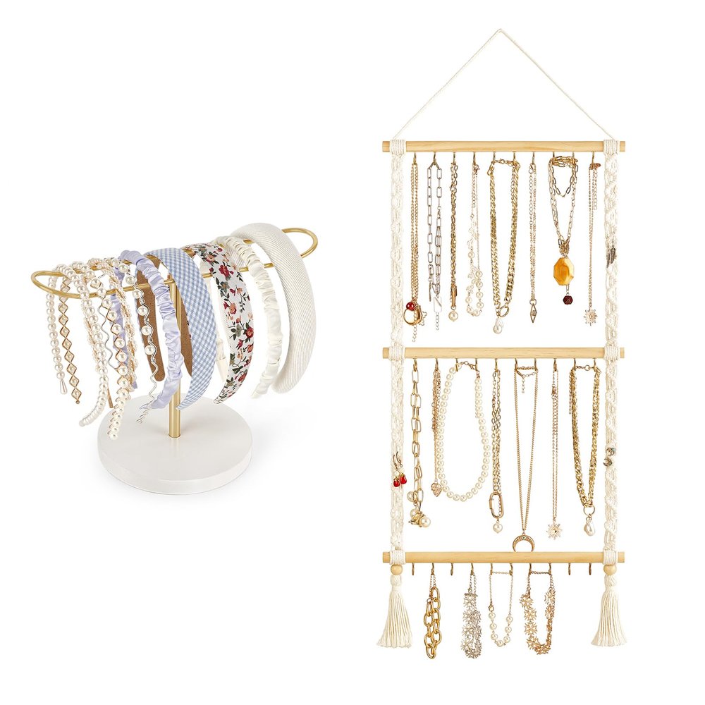 Dahey Hanging Headband Holder Necklace Holder with 30 Hooks, Macrame Wall Headband Organizer Jewelry Hanger with Tassels for Women Girls, Set of 2