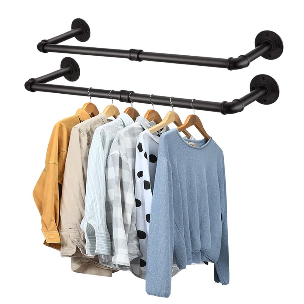 BAOYOUNI Metal Clothing Rack Wall Mounted Clothes Hanger Industrial Style Pipe Heavy Duty Garment Rod Bar 36.41'' for Bedroom, Closet, Laundry Room, Entryway (Black, 2 Pack)