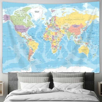 Drgilau Blue World Map Tapestry, Map Educational Wall Tapestry Asia Europe South City Topography America Africa Wall Decor, Map of World Wall Art for Living Room Office 71X60 Inch