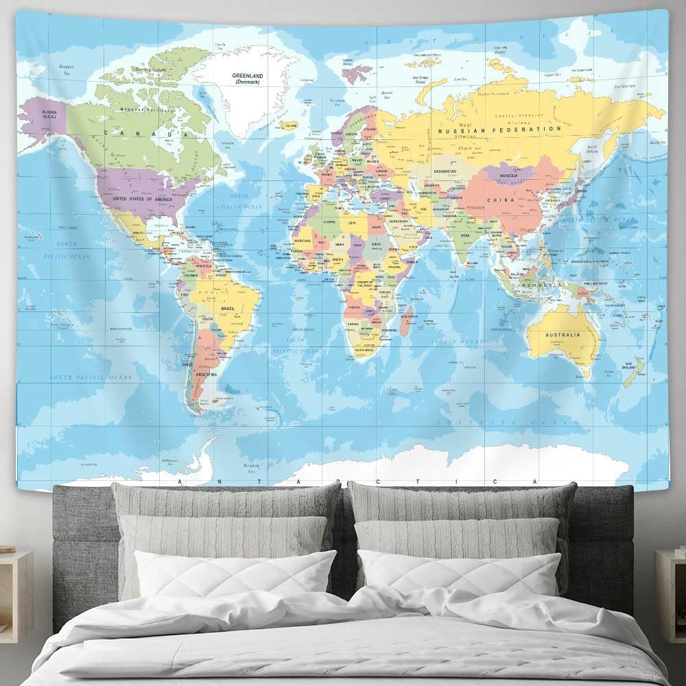 Drgilau Blue World Map Tapestry, Map Educational Wall Tapestry Asia Europe South City Topography America Africa Wall Decor, Map of World Wall Art for Living Room Office 71X60 Inch
