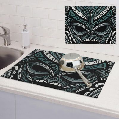 Dish Drying Mat for Kitchen Absorbent Drying Mat Heat Resistant Dish Drying Pad Decorative tribal mask Counter Dishes Drainer Mats Dish Drying Pad Non-Slip Coffee Mat for Sink Drainer (18" x 24")
