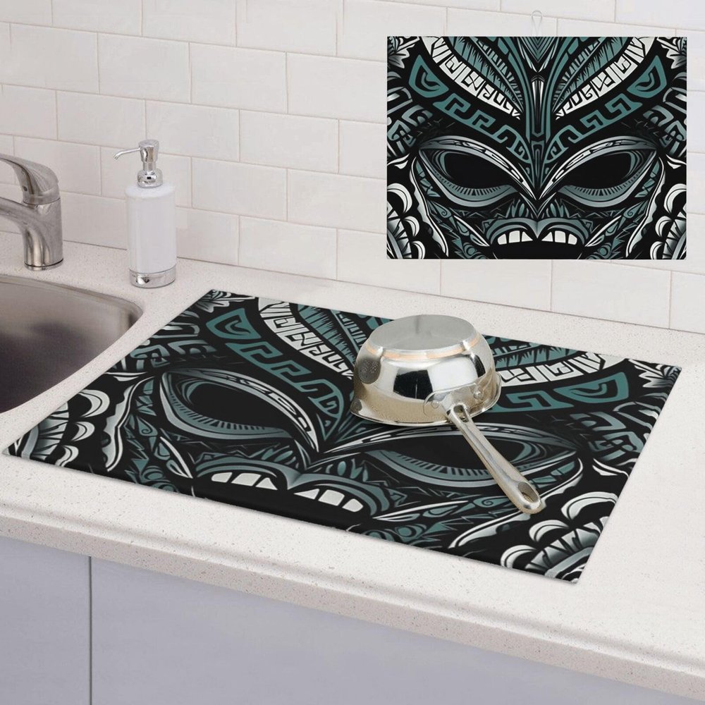 Dish Drying Mat for Kitchen Absorbent Drying Mat Heat Resistant Dish Drying Pad Decorative tribal mask Counter Dishes Drainer Mats Dish Drying Pad Non-Slip Coffee Mat for Sink Drainer (18" x 24")
