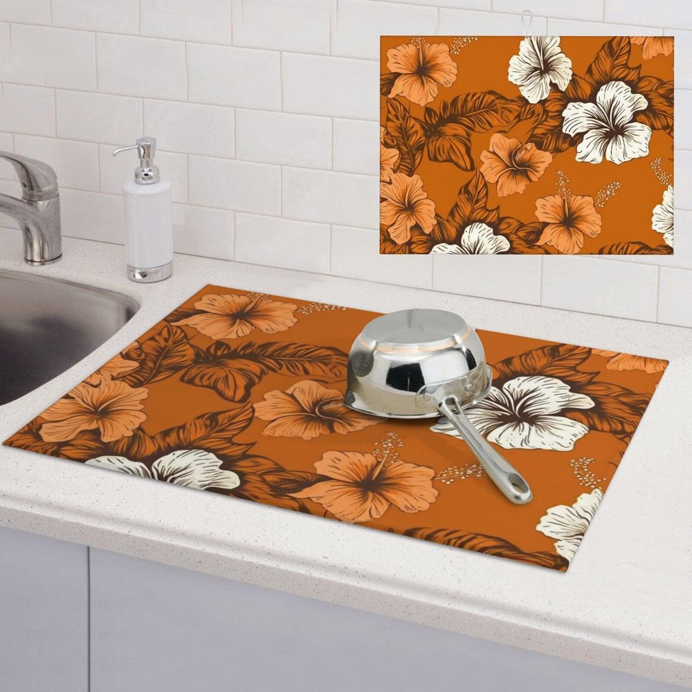 Dish Drying Mat for Kitchen Absorbent Drying Mat Heat Resistant Dish Drying Pad Orange hibiscus flower pattern Counter Dishes Drainer Mats Dish Drying Pad Non-Slip Coffee Mat for Sink Drainer
