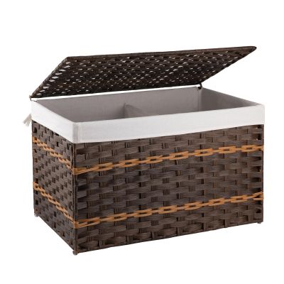 OIAHOMY Storage Basket with Lid, 27.7 Gallon (105L) Blanket Basket with Removable Liner Bag, Synthetic Wicker Hamper with Handle, Hamper for Living Room, Brown