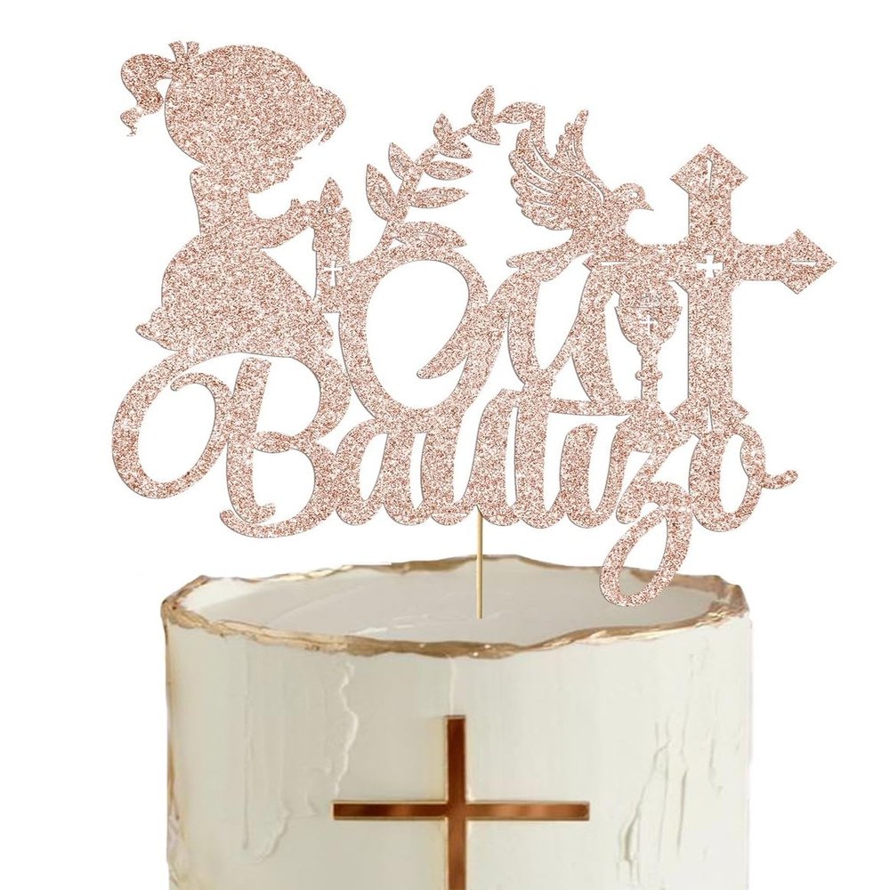 Glitter Religious God Bless Me Dove Cross Cake Dcor Holy First Communion Baby Girl Shower Theme Party Decoration Kids Birthday Cake Topper Mi Bautizo Christening Baptism Cake Topper, Rose Gold