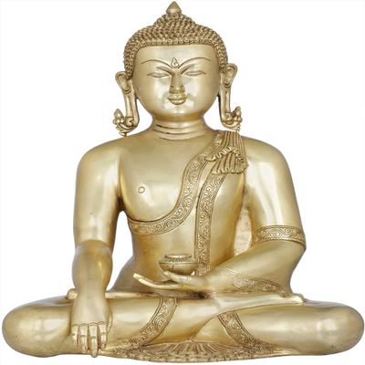 Amilav Collections Tibetan Buddhist Lord Buddha with Pinda-Patra - Brass Statue, Medium, Golden