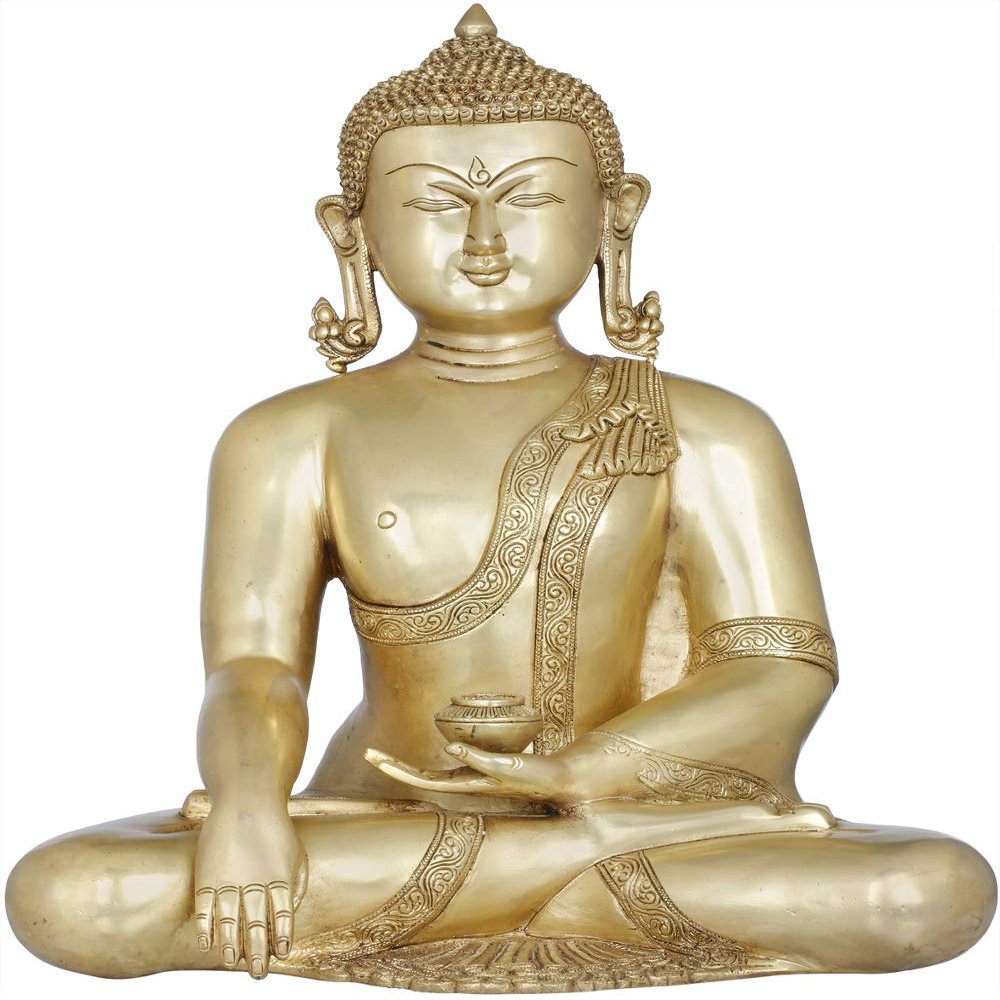 Amilav Collections Tibetan Buddhist Lord Buddha with Pinda-Patra - Brass Statue, Medium, Golden