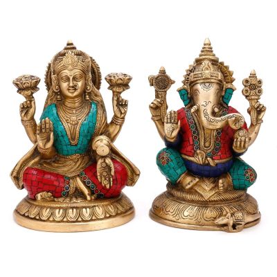 Amilav Collections Lakshmi Ganesh (Ganesha) Hindu Elephant God of Success Brass Laxmi Statue 8.5 Inches