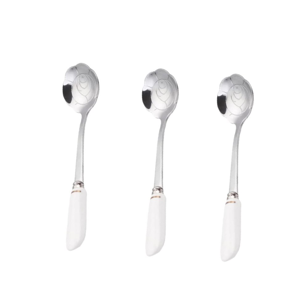 3Pcs Rose Petal Shaped Mixing Spoons Stainless Steel Coffee Stirring Spoons with Ceramic Handle for Drinks Home Cafe and Restaurant Design
