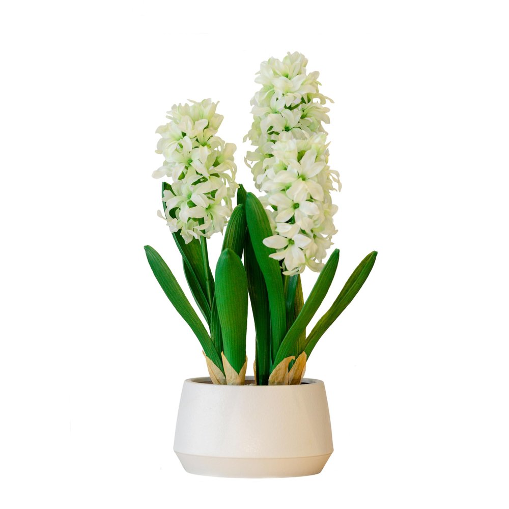 365 Blooming Decor 16 inch Tall White Potted Faux Hyacinth Flower Plant with River Stone-Luxury Artificial Garden Hyacinth for Home, Office Decoration, Housewarming