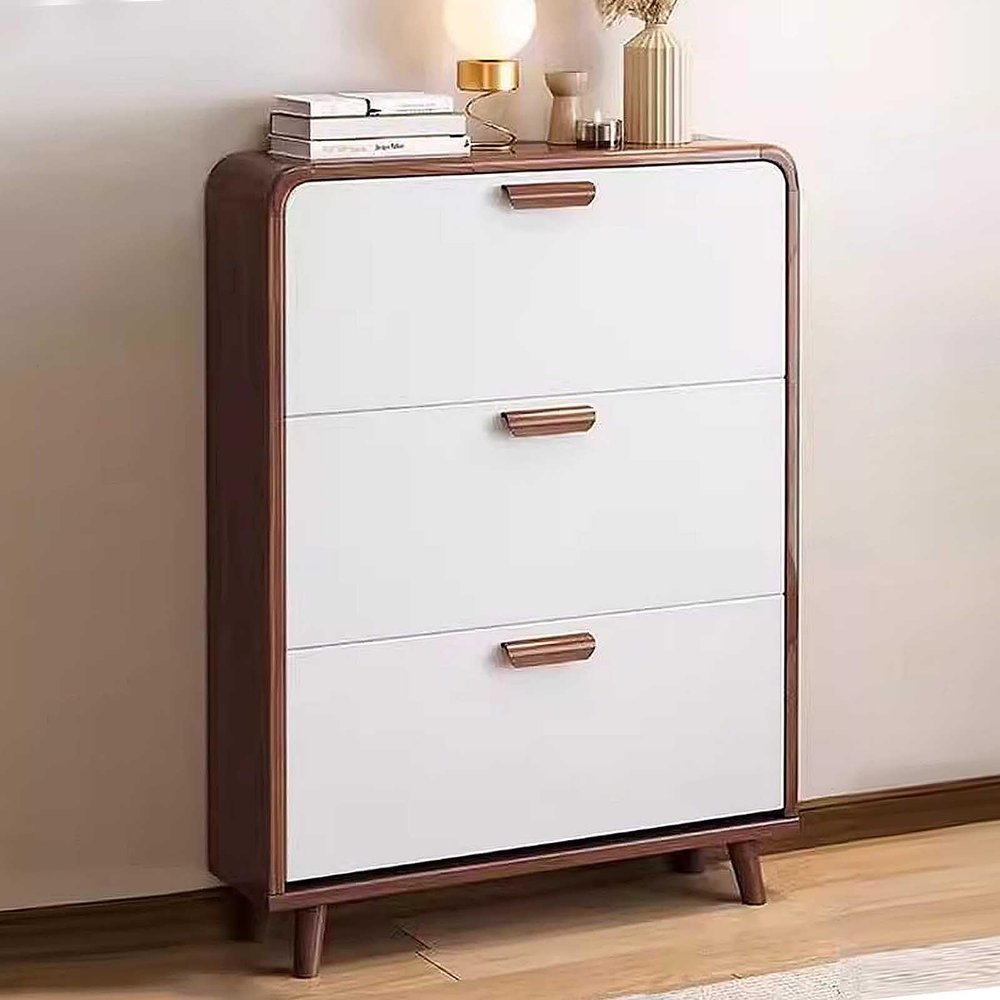 HotcoS Slim Shoe Cabinet with Flip Drawers, 4 Layers Solid Wood Shoe Storage Space-Saving Small Shoe Cupboard for Hallway, 2 Colors, 100cm
