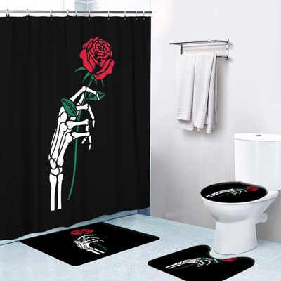 4 Pcs Skeleton Hand Holding Rose On Black Background Bathroom Shower Curtain Set Decor Waterproof with 12 Hooks and Non-Slip Rugs Toilet Lid,72x72