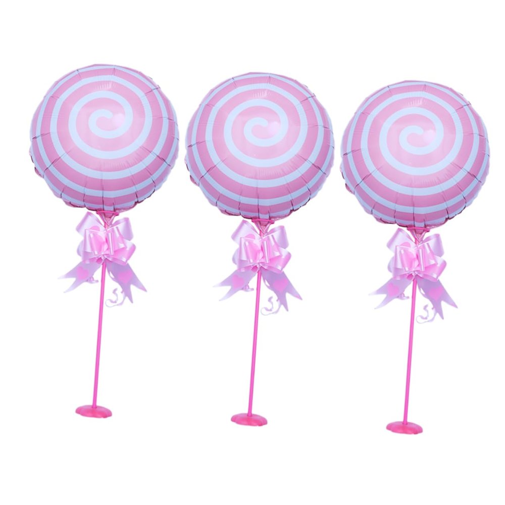 Ciieeo 3pcs Lollipop Balloons Stick Stand Aluminum Foil Table Balloon Creative Balloon Table Balloon Decor Funny Balloon Tabletop Balloon Column Desk Topper Floating Table Pink Round